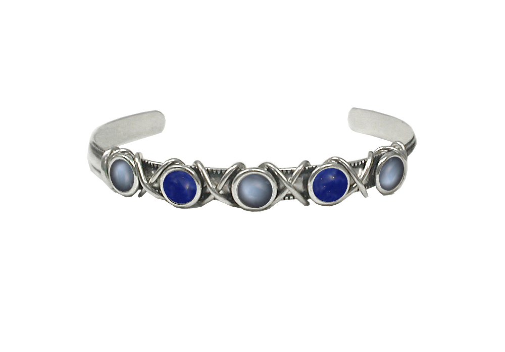 Sterling Silver Cuff Bracelet With Grey Moonstone And Lapis Lazuli